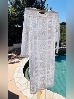 Zara White Long Sleeve Crochet Midi Dress. 100% Cotton.
